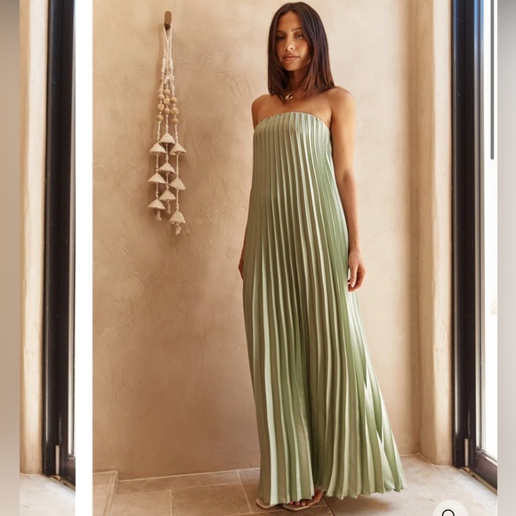 Strapless Pleated Maxi Dress in Soft Green - Picture 1 of 2